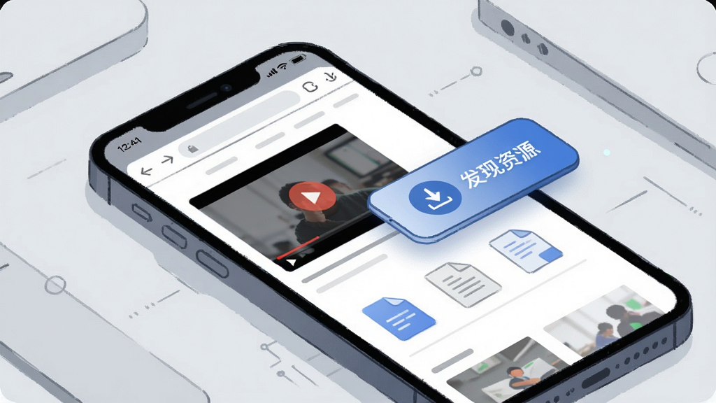 一张表现壹北狂飙智能资源嗅探功能的示意图,画面中一部手机屏幕显示出网页浏览界面,屏幕侧边弹出悬浮按钮,按钮上带有下载箭头图标和文字“发现资源”,背景为浅灰色工作台,风格为科技插画风,细节包括网页中的视频缩略图和文档图标,画质清晰,干净,无多余元素