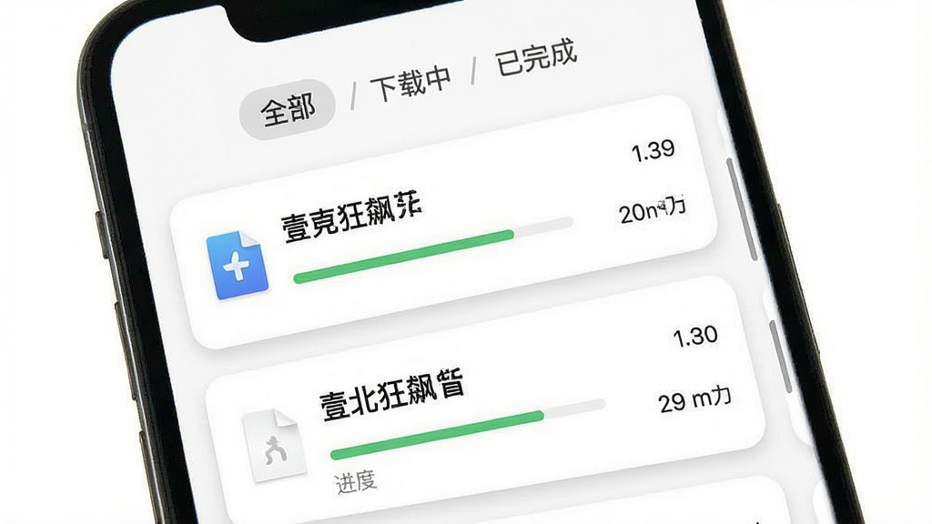 一张展示壹北狂飙任务管理界面的手机截图风格图片,画面中手机屏幕显示多个下载任务卡片,卡片上有文件名、进度条和速度显示,顶部有分类标签“全部/下载中/已完成”,背景为纯白色,风格为极简UI设计,细节包括卡片圆角和阴影,画质清晰,干净,无多余元素