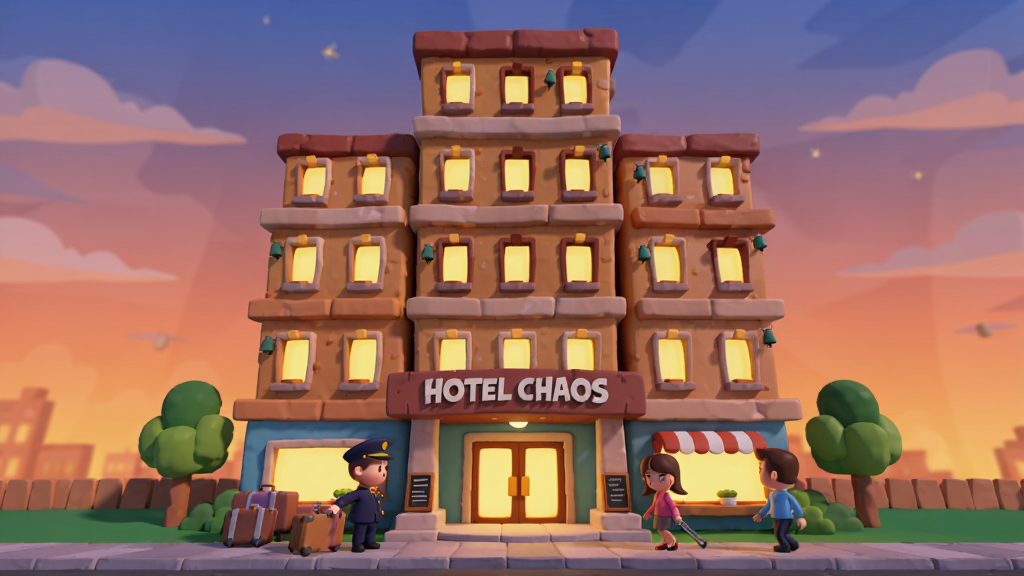 Hotel Chaos游戏主界面预览图,画面中央是一座卡通风格的酒店大楼,楼层错落有致,窗户透出温暖灯光,酒店门口有行李员和客人来往,天空呈黄昏色调,整体采用明亮鲜艳的色彩风格,扁平化卡通渲染,布局居中对称,画质清晰干净,无多余元素