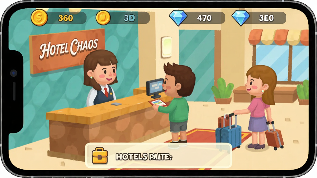 Hotel Chaos新手操作界面截图,卡通风格的手机屏幕画面,显示酒店前台接待场景,有客人排队办理入住,屏幕上方显示金币和钻石数量,下方有任务提示栏,界面布局清晰,色彩明亮,采用扁平化UI设计风格,画质干净清晰,无多余元素