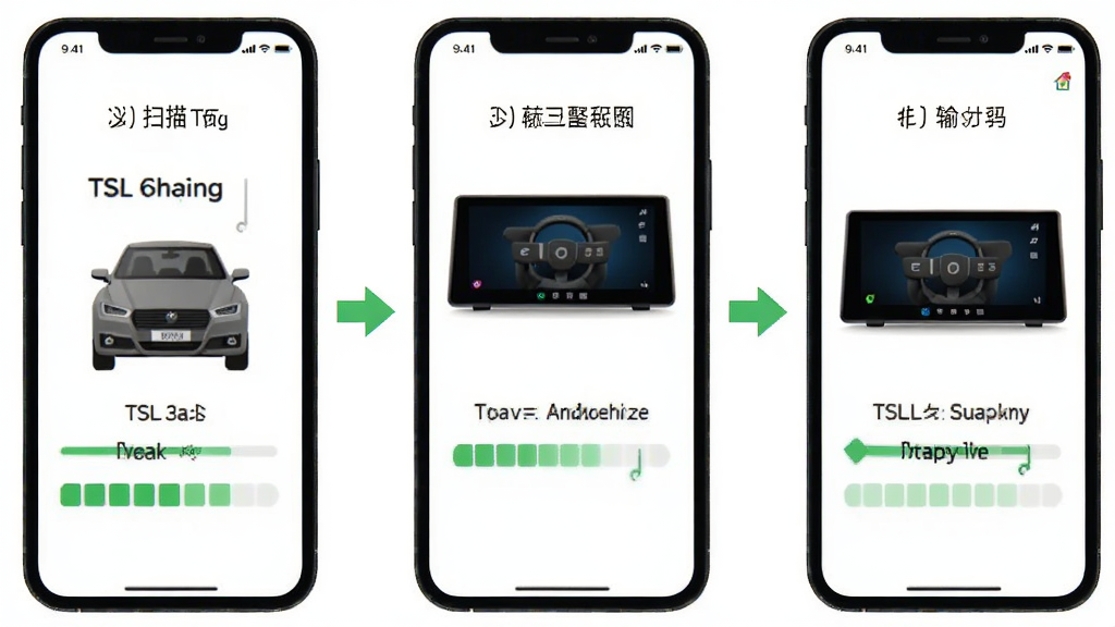 TSL钥匙 配对操作流程图 主体为三部手机屏幕并排展示 布局从左到右依次为扫描车辆、输入验证码、配对成功 风格为扁平化步骤引导图 细节包括箭头指引、绿色进度条、车机屏幕示意 画质清晰 干净 无多余元素