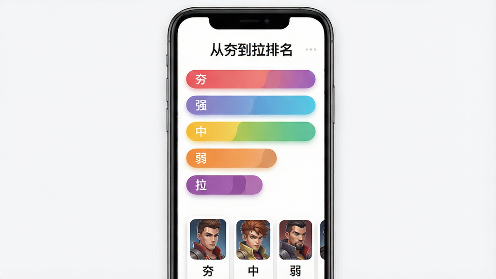 一张手机屏幕展示排行榜应用的界面截图,主体为竖屏手机,布局居中,顶部标题写着“从夯到拉排名”,中间是五个彩色梯度条从高到低排列,分别标注“夯”“强”“中”“弱”“拉”,下方是几个游戏角色头像卡片按顺序排列,风格扁平化UI设计,细节包含圆角卡片、柔和阴影、清晰的文字标签,画质高清,画面干净,无多余元素。