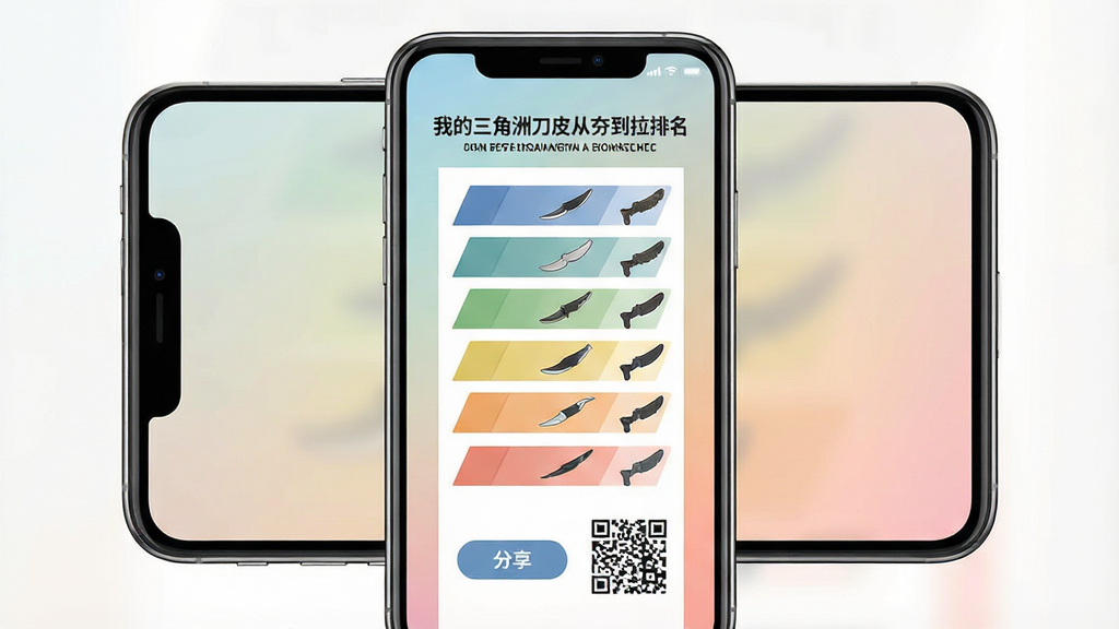 一张手机屏幕展示分享图生成界面,主体为手机预览窗口,布局居中,画面中是一张排行榜长图,顶部写有“我的三角洲刀皮从夯到拉排名”,中间是五档梯度与对应刀皮图标,底部有分享按钮和二维码,风格扁平化设计,细节包含清晰的文字层级、柔和的渐变背景,画质高清,画面干净,无多余元素。