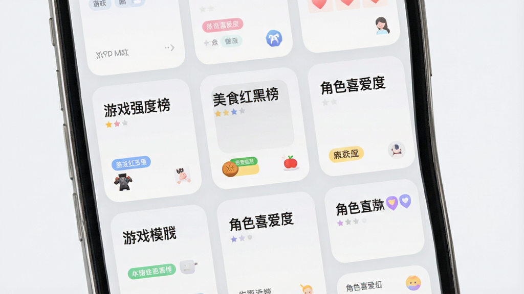 一张手机应用界面展示模板选择页面,主体为手机屏幕,布局为网格状卡片排列,每张卡片代表一个排名模板,卡片上写有“游戏强度榜”“美食红黑榜”“角色喜爱度”等字样,风格清新浅色,细节包含柔和圆角、浅灰背景、彩色标签,画质高清,画面干净,无多余元素。