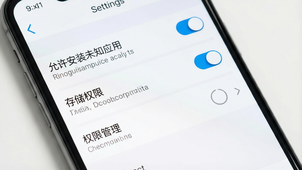 一张手机屏幕展示安装权限设置界面,主体为手机设置页面,布局为列表形式,列表项包括“允许安装未知应用”“存储权限”“权限管理”等,风格简约商务,细节包含清晰的开关按钮、灰色文字说明、白色背景,画质高清,画面干净,无多余元素。