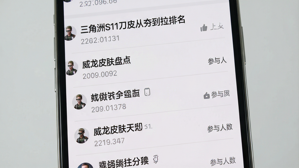 一张手机应用界面展示热门话题列表,主体为手机屏幕,布局为纵向滚动列表,每个列表项包含话题标题和参与人数,标题如“三角洲S11刀皮从夯到拉排名”“威龙皮肤盘点”等,风格浅灰质感,细节包含清晰的文字、小图标、分隔线,画质高清,画面干净,无多余元素。