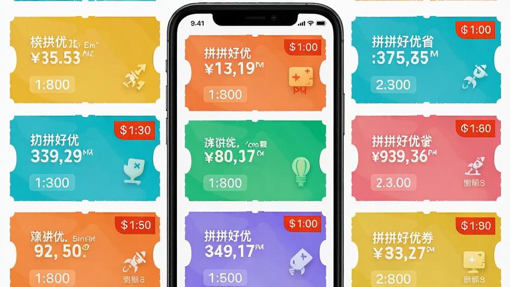 拼拼好优省多优惠券聚合功能展示,画面中央为手机界面显示多张彩色优惠券整齐排列,主体为优惠券卡片,布局为网格状排列,排版简洁,风格为扁平化设计,细节包括不同面额的优惠券和倒计时标签,画质高清,干净,无多余元素