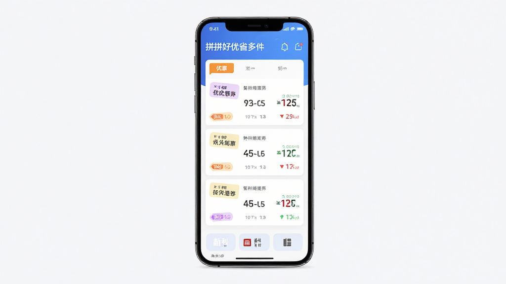 拼拼好优省多软件主界面展示,手机屏幕中显示购物优惠券列表和返利信息,主体为一部智能手机,布局居中,排版清晰,风格为现代简约科技风,细节包括彩色优惠标签和价格对比数字,画质高清,干净,无多余元素