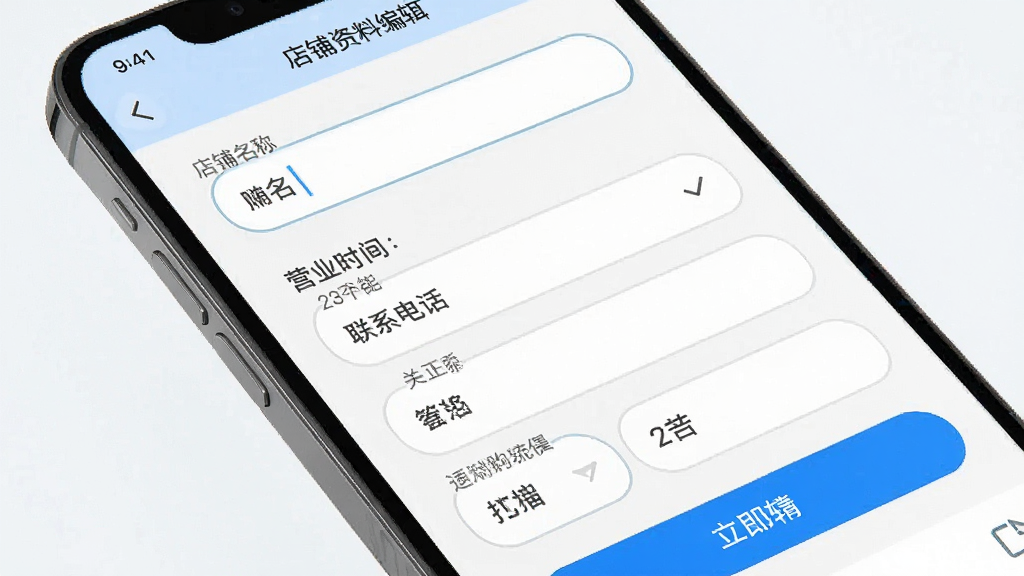 爱达商户店铺信息管理界面,主体为手机屏幕特写,屏幕中展示店铺资料编辑页面,布局为表单式排版,包含店铺名称、营业时间、联系电话等字段,风格为清新简约的移动端设计,细节上输入框圆角、按钮为蓝色高亮,画质清晰,干净,无多余元素