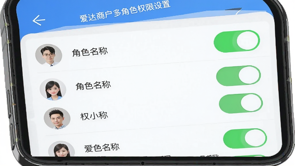 爱达商户多角色权限设置界面,主体为手机屏幕展示权限分配页面,布局为列表式排版,包含角色名称与权限开关,风格为简洁工具类应用设计,细节上开关按钮为绿色高亮、角色头像圆形,画质清晰,干净,无多余元素