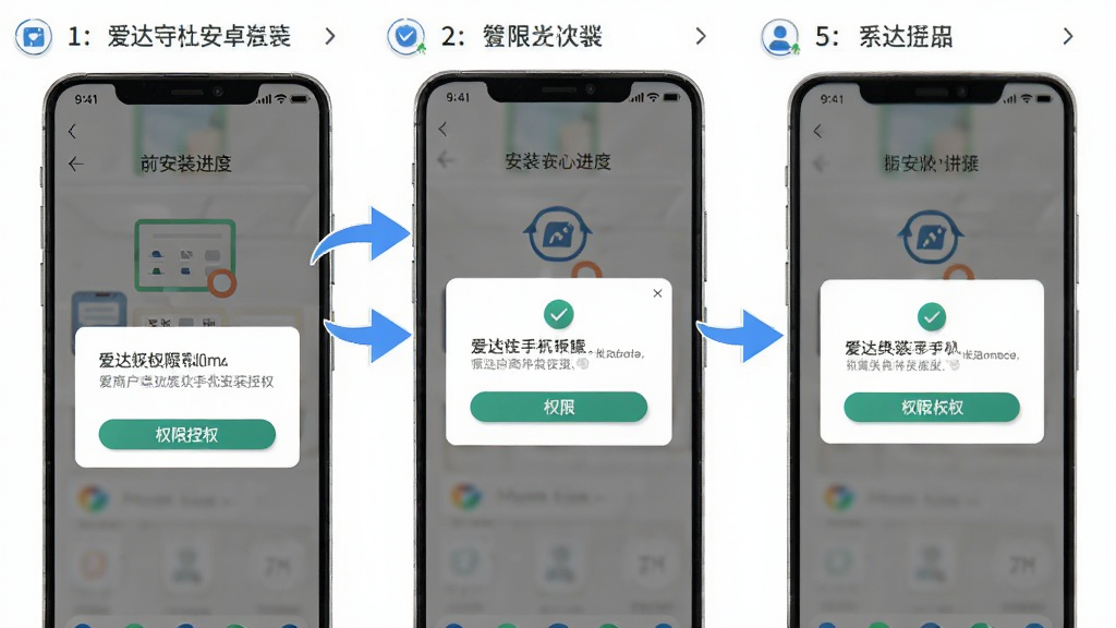 爱达商户安卓手机安装步骤示意图,主体为手机屏幕展示安装进度与权限授权弹窗,布局为分步截图排版,风格为教程类图示,细节上箭头指引清晰、文字标注简洁,画质高清,干净,无多余元素