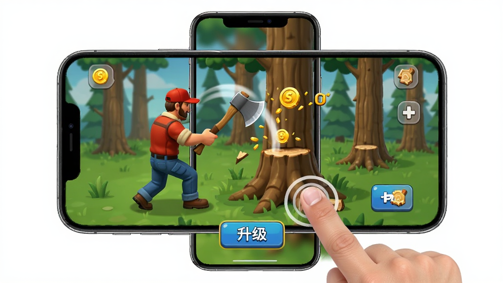 伐木工砍手手机操作界面示意图,画面主体为一部智能手机屏幕显示游戏砍伐画面,布局上手机居中,屏幕内展示伐木工砍树场景和升级按钮,风格为产品展示图,细节包含手指点击屏幕的示意、斧头挥动轨迹、金币飘字特效,画质高清干净无多余元素