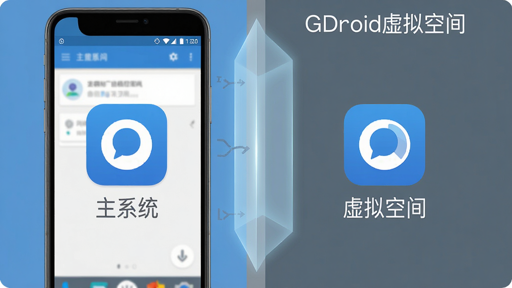一张示意图,画面左侧是真实手机系统区域,右侧是GDroid虚拟空间区域,两个区域中间有一道半透明的光墙隔开,左右各有一个相同的应用图标,图标下方分别标注“主系统”和“虚拟空间”,整体风格为简洁信息图插画,配色以蓝白灰为主,画质清晰,干净无多余元素