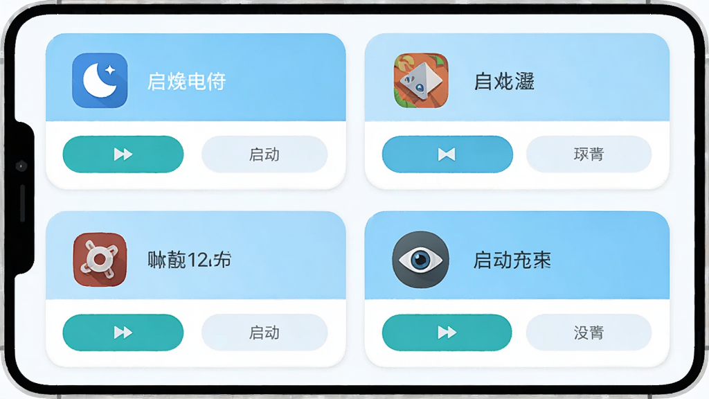 一张GDroid多开管理界面渲染图,画面中排列着四个虚拟空间卡片,每个卡片上有不同的应用图标和自定义名称,卡片下方有启动和设置按钮,界面采用圆角卡片设计,配色为清新的浅蓝与白色,风格为现代移动应用UI展示图,画质清晰,干净整洁