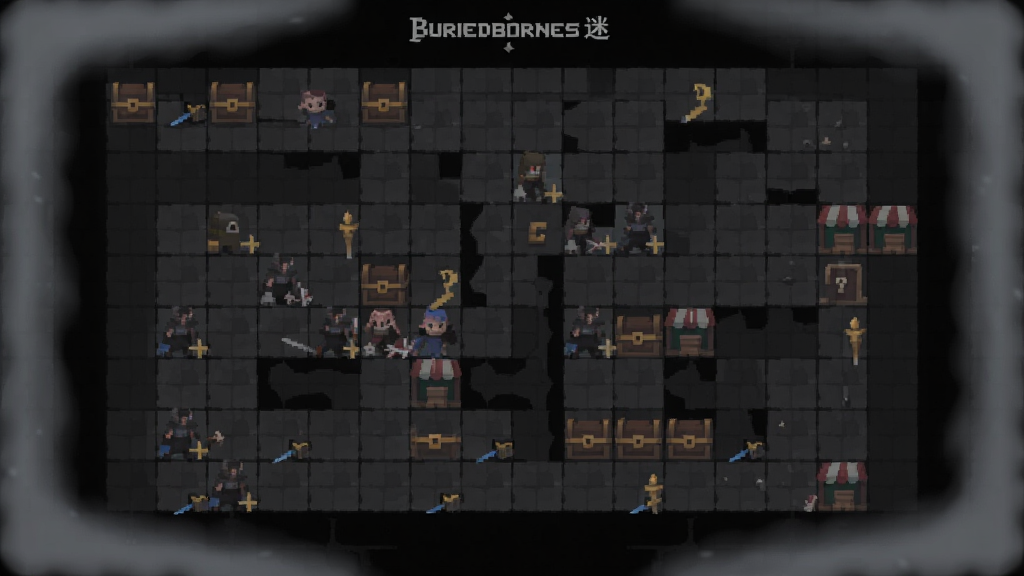Buriedbornes迷宫地图界面,画面展示由方格组成的随机地牢地图,不同格子代表战斗、宝箱、商店等事件,地图边缘有迷雾效果,整体色调偏暗,风格简约,画质清晰,干净无多余元素