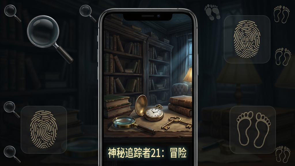 画面中央一部智能手机竖屏展示寻物解谜游戏界面,屏幕内是昏暗的古堡书房场景,书架上摆满陈旧书籍,桌面上散落放大镜、怀表、钥匙等隐藏物品,画面一角用发光字体标注