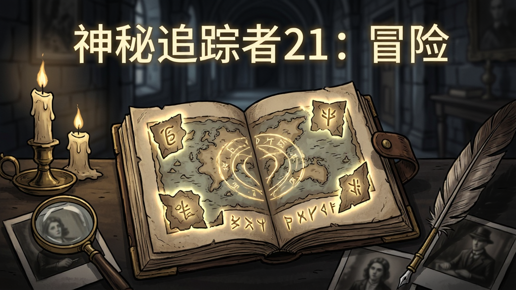 一幅暗色调悬疑风格插画,画面中央是一本翻开的古老日记本,日记页面上浮现出发光的地图碎片和神秘符号,周围环绕着放大镜、羽毛笔、蜡烛和散落的照片,背景是模糊的古堡走廊,画面顶部用发光字体写着