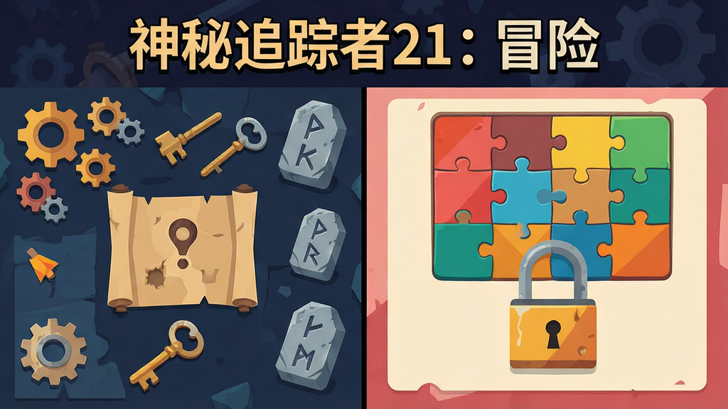 画面展示一个分屏布局的解谜游戏界面,左侧是寻物场景,右侧是拼图与密码锁面板,屏幕上方用艺术字体标注