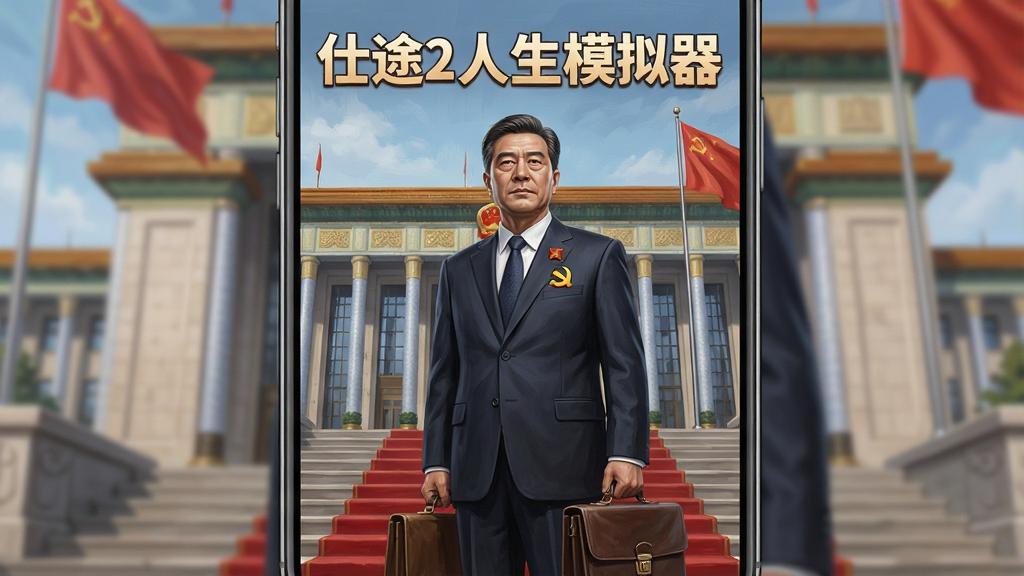 一张竖版手机游戏宣传图,主体为一位身穿正装的中年官员站在政府大楼台阶前,背景是庄严的办公大楼与飘扬的红旗,布局采用仰视视角突出人物威严感,排版上标题文字“仕途2人生模拟器”置于画面上方居中位置,风格为写实厚涂CG风格,细节包括人物胸前的党徽、手中的公文包、台阶上的红毯,画质高清,画面干净,无多余元素