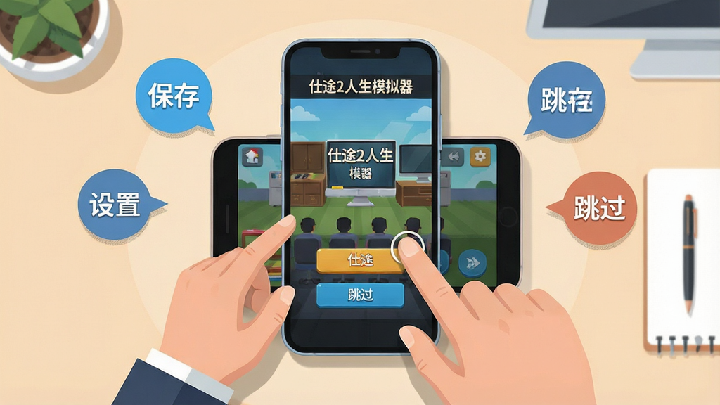 一张手机游戏操作示意图,主体为双手持手机游玩仕途2人生模拟器的场景,布局采用俯视视角,手机屏幕显示游戏主界面与选项按钮,排版上手机位于画面中央,周围环绕着“保存”“设置”“跳过”等操作气泡,风格为扁平插画风格,细节包括手指点击屏幕的动作、手机边缘的光影、背景的简约办公桌,画质高清,画面干净,无多余元素,图中文字“仕途2人生模拟器”