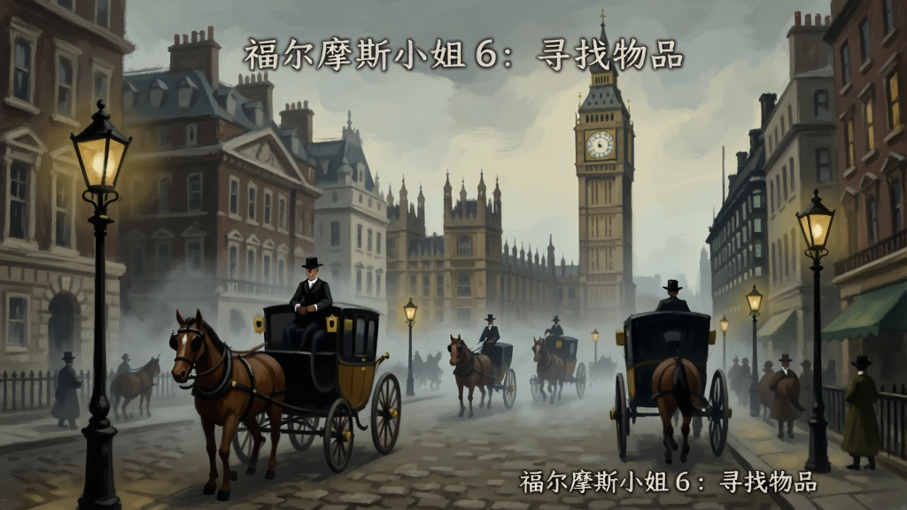 一幅展示维多利亚时代伦敦街景的插画,画面中有马车、路灯、雾气、古典建筑和远处的大本钟,风格为复古油画质感,色调偏冷灰与暗黄,细节丰富,画质清晰,画面干净,画面中带有文字“福尔摩斯小姐 6:寻找物品”