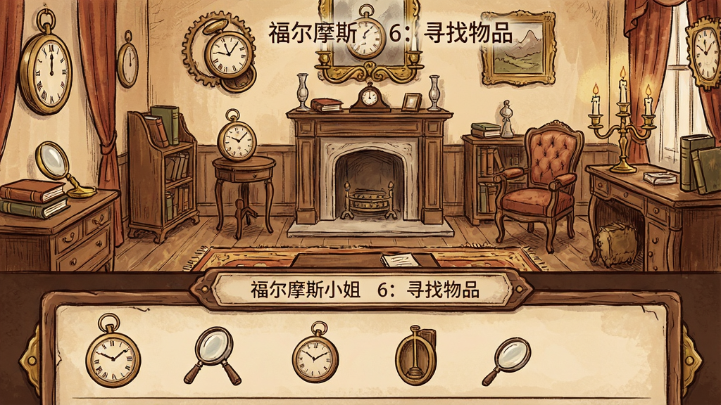 一幅展示寻物游戏界面的插画,画面分为上下两部分,上方是维多利亚风格的房间场景,房间内隐藏着钟表、书籍、烛台等物品,下方是物品列表栏,整体风格为复古手绘,色调温暖,细节精致,画质清晰,画面干净,画面中带有文字“福尔摩斯小姐 6:寻找物品”