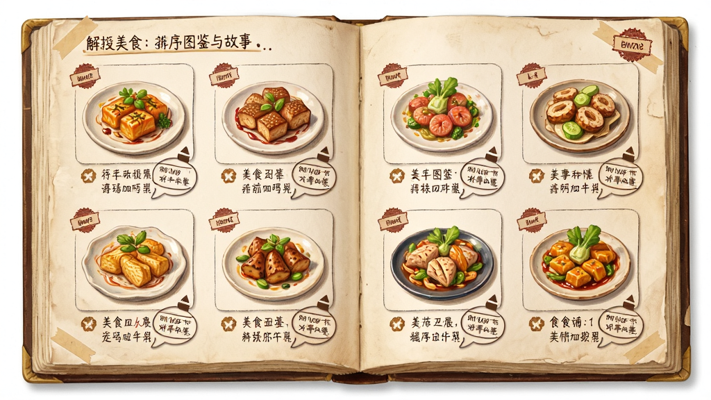 美食:排序与故事 美食图鉴收集页面,主体为翻开的食谱风格画册,布局为网格状陈列已解锁菜品,排版整齐划一,风格为复古手账风,细节包括彩色菜肴插画、解锁印章与故事文本气泡,画质细腻,干净,无多余元素