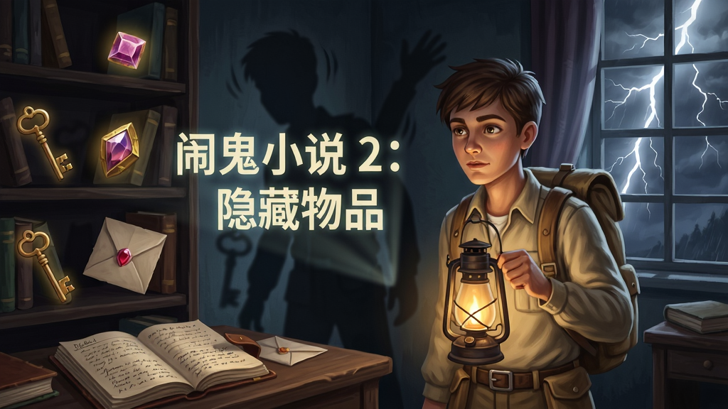 一位年轻探险者手持油灯站在古老书房中,面前悬浮着