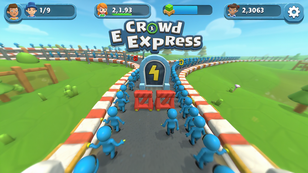 主体是一款名为 Crowd Express 的手机游戏画面,布局为竖屏居中展示,排版上游戏主界面占据画面中心,风格为明亮卡通3D渲染,细节包括一条弯曲的赛道、赛道两侧分布着大量蓝色小人、前方有红色障碍物和数字倍数门,屏幕顶部显示队伍人数,画质高清干净无多余元素,画面中文字标注