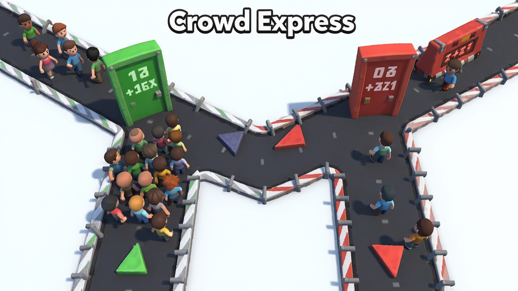主体是 Crowd Express 游戏中的岔路口选择界面,布局为俯视视角,排版上画面中央出现两条分叉路线,左侧路线有绿色数字门和大量小人,右侧路线有红色障碍和少量小人,风格为简洁卡通渲染,细节包括路线边缘有指示箭头、数字门上标注倍数、背景干净,画质高清干净无多余元素,画面中文字标注