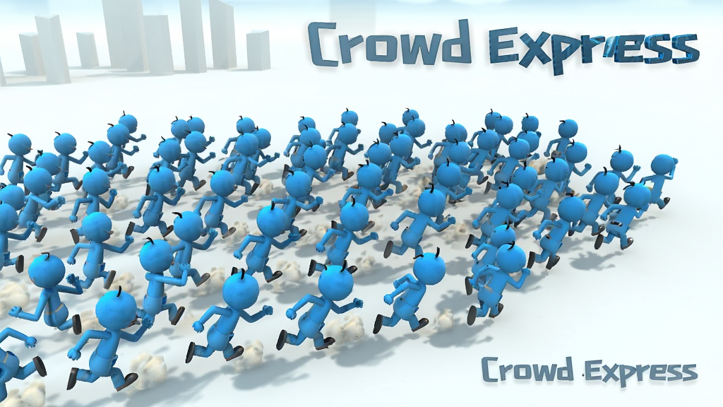主体是 Crowd Express 游戏中人群聚集的瞬间,布局为动态斜视角,排版上大量蓝色小人从画面左侧向右侧奔跑汇聚,风格为卡通3D渲染,细节包括每个小人都有独立的跑步动画、地面有轻微的尘土飞扬效果、背景是简洁的浅色场景,画质高清干净无多余元素,画面中文字标注