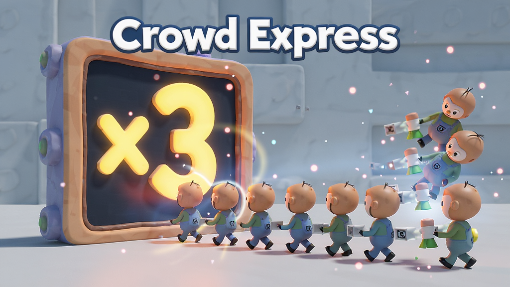 主体是 Crowd Express 游戏中穿过倍数门的瞬间,布局为正面视角,排版上队伍小人正通过一个巨大的发光数字门,风格为卡通3D渲染,细节包括数字门上显示乘以三的符号、穿过门后小人数量明显增多、有粒子特效和光晕、背景简洁,画质高清干净无多余元素,画面中文字标注