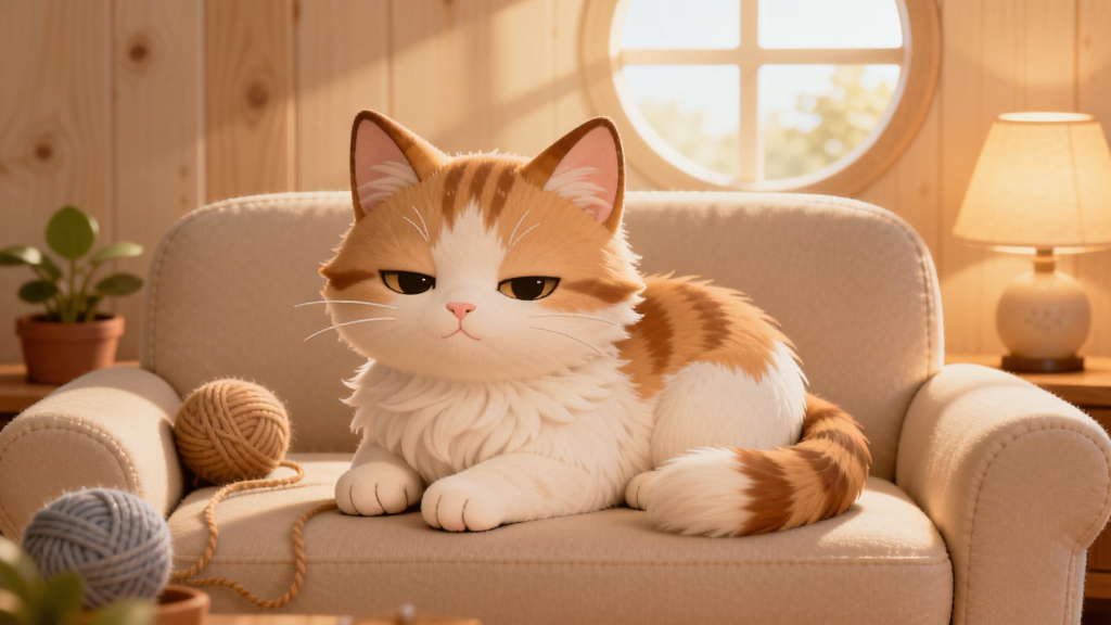 温馨猫咪是一款治愈系虚拟养猫手机应用,画面中央是一只橘白相间的小猫趴在柔软的米色沙发上,周围摆放着毛线球、小盆栽和暖色台灯,背景是浅木色墙面与圆形窗户,窗外透进柔和晨光,整体布局采用居中构图,风格为日系治愈插画风,细节上猫咪毛发柔软蓬松、眼睛半眯、尾巴自然下垂,画质高清干净、无多余元素,图片中不出现文字
