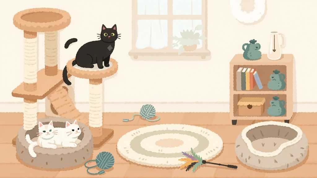 温馨猫咪室内场景布置界面,画面展示一间布置温馨的猫咪房间,布局为左侧猫爬架、中间圆形地毯、右侧小书架和猫窝,风格为清新浅色系扁平插画,细节上有一只白猫趴在猫窝里、一只黑猫在爬架上张望,地面散落毛线球和逗猫棒,画质高清干净、无多余元素,图片中不出现文字