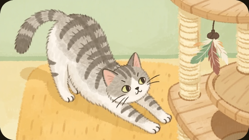 温馨猫咪应用界面中一只灰白条纹猫正在伸懒腰,画面采用俯视视角,布局上猫咪位于画面中心偏左,右侧是木质猫爬架和悬挂的羽毛玩具,风格为柔和手绘插画,细节上猫咪背部拱起、爪子前伸、胡须微微颤动,背景是浅绿色墙面与暖黄地垫,画质清晰干净、无多余元素,图片中不出现文字