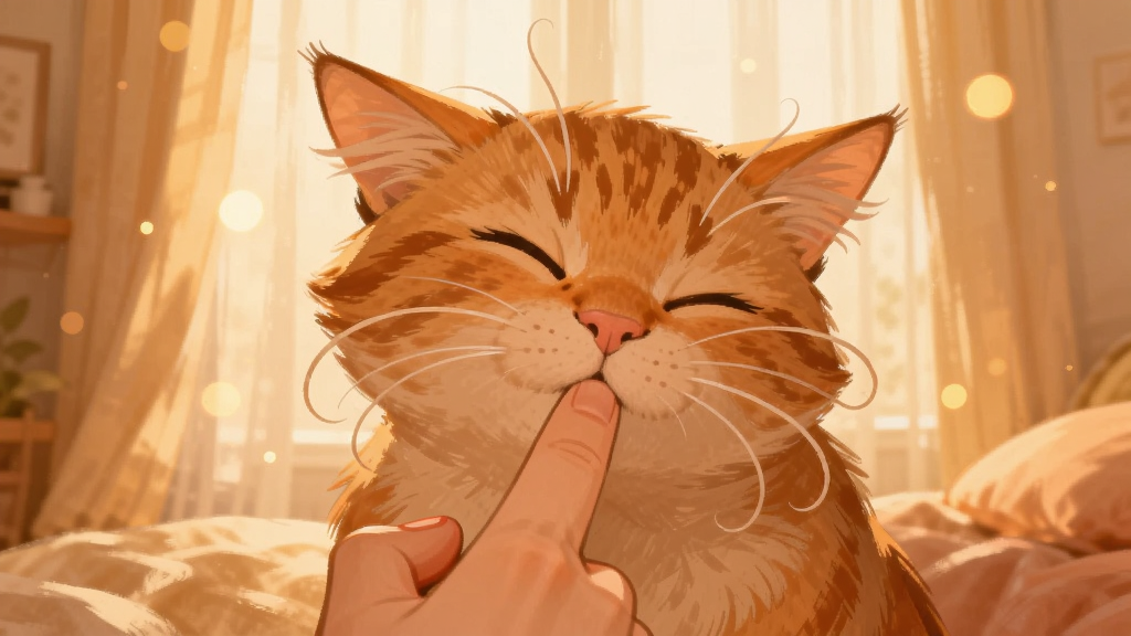 温馨猫咪互动界面,画面中一只橘猫正用头蹭用户的手指,布局为手指从画面下方伸入、猫咪位于中央偏上,风格为温暖治愈系厚涂插画,细节上猫咪眼睛闭合、耳朵微微后压、胡须向前弯曲,背景是模糊的暖色窗帘与飘动的光斑,画质柔和干净、无多余元素,图片中不出现文字