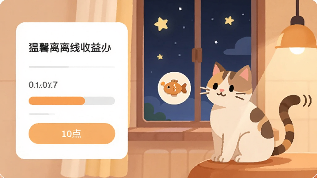 温馨猫咪离线收益领取界面,画面展示一只猫坐在窗边、旁边有漂浮的小鱼干图标和进度条,布局为猫咪位于画面右侧、信息面板位于左侧,风格为简洁扁平化UI插画,细节上窗外是夜晚星空、室内暖灯亮起、猫咪尾巴轻轻摆动,画质清晰干净、无多余元素,图片中不出现文字