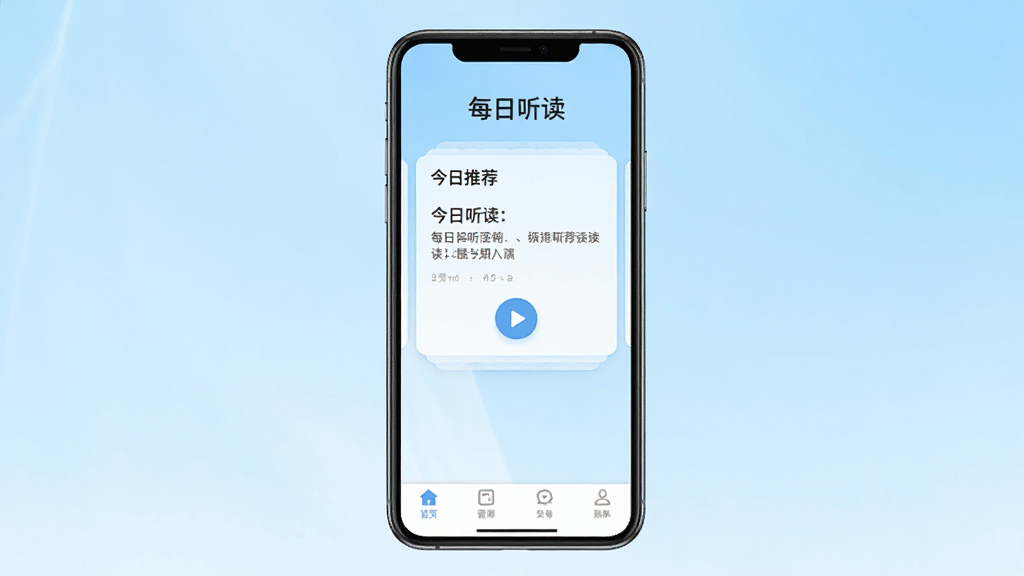 一张展示每日听读软件主界面的手机应用截图,画面中央是手机屏幕,屏幕内显示每日听读APP的首页布局,顶部有“每日听读”文字标识,中部是今日推荐听读卡片和播放按钮,底部是导航栏,背景为干净的浅蓝色渐变,整体风格清新简约,画质清晰,无多余元素