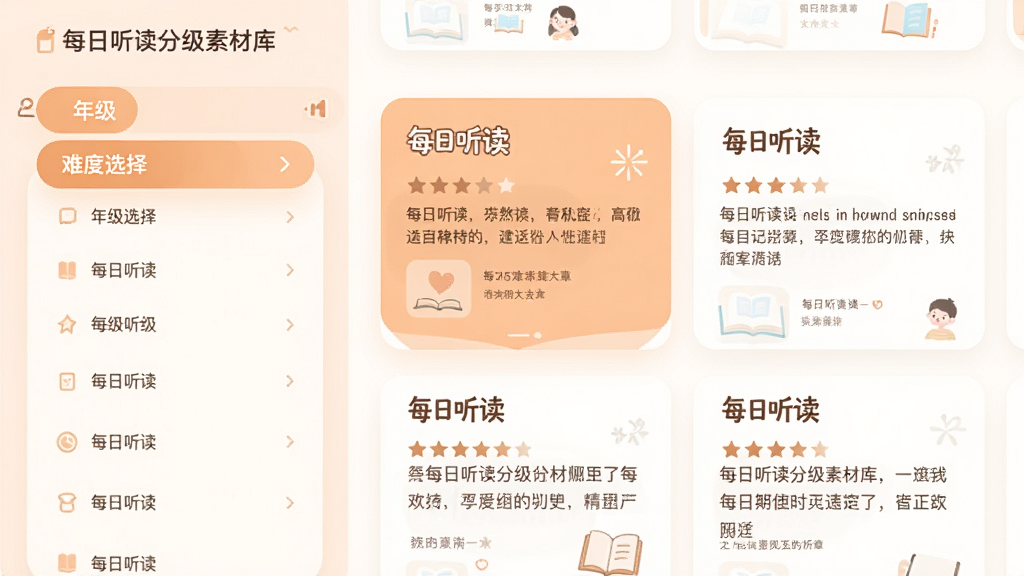 一幅展示每日听读分级素材库的界面插图,画面中左侧为年级选择列表,右侧为对应的听读文章卡片,卡片上标注“每日听读”字样和难度星级,整体采用柔和的橙白色调,布局清晰,风格简洁现代,画质干净,无多余元素
