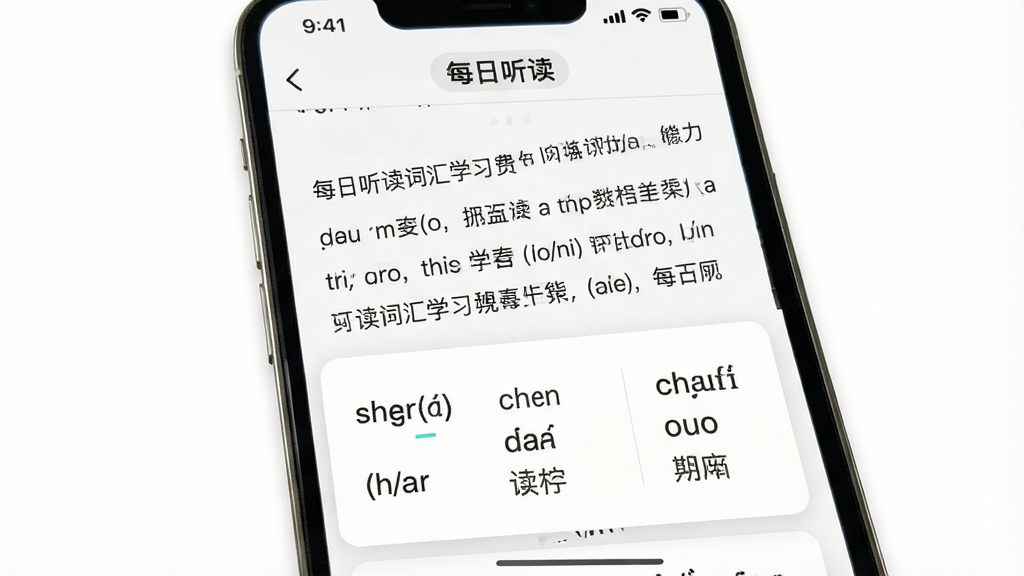一张展示每日听读词汇学习功能的手机截图,画面中手机屏幕显示文章阅读界面,下方弹出词汇卡片,卡片上有英文单词、音标和中文释义,屏幕上方有“每日听读”标识,背景为干净的白色,风格清爽,画质清晰,无多余元素