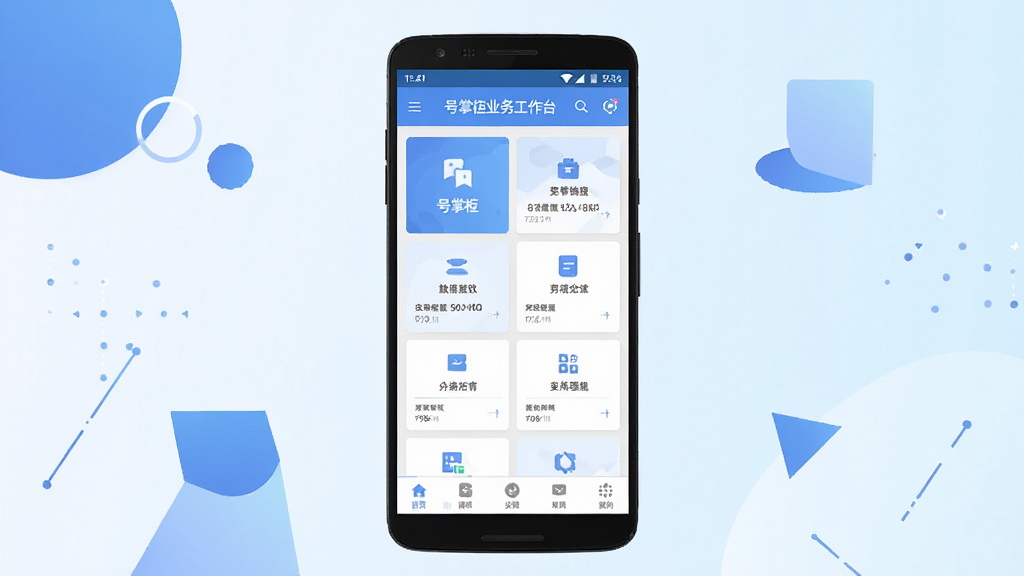 一张展示号掌柜软件整体界面的手机应用截图风格图片,画面中央放置一台安卓手机,手机屏幕内呈现号掌柜业务工作台的主页面布局,包含顶部标题栏、中部功能卡片区域与底部导航栏,周围搭配简洁的几何图形与柔和渐变背景,整体采用扁平化UI风格,色调以蓝色和白色为主,画面干净整洁,无多余装饰元素,高清画质,适合软件下载站展示使用