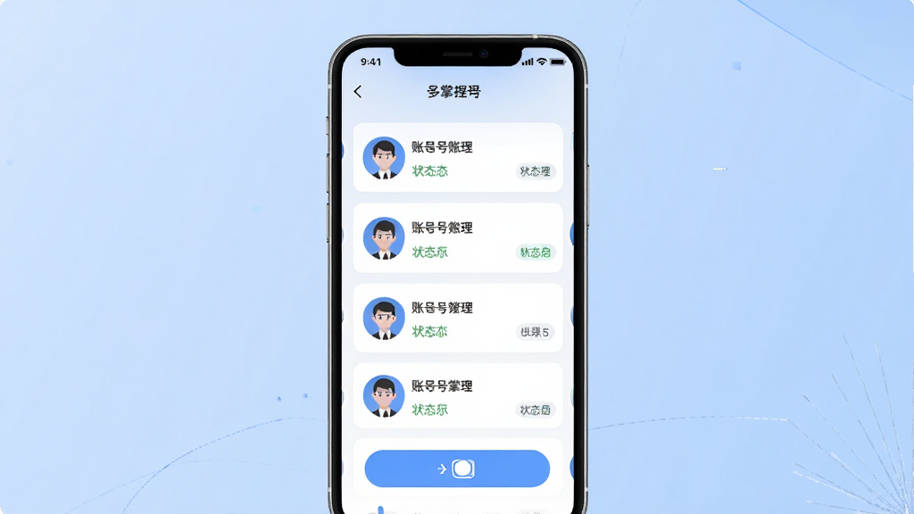 一张展示号掌柜多账号管理功能的界面示意图,画面中心为手机屏幕,屏幕内呈现号掌柜多账号列表与切换按钮,账号卡片整齐排列,每个卡片带有头像图标与状态标签,背景为浅蓝色渐变,整体风格简洁商务,布局清晰,高清画质,干净无多余元素