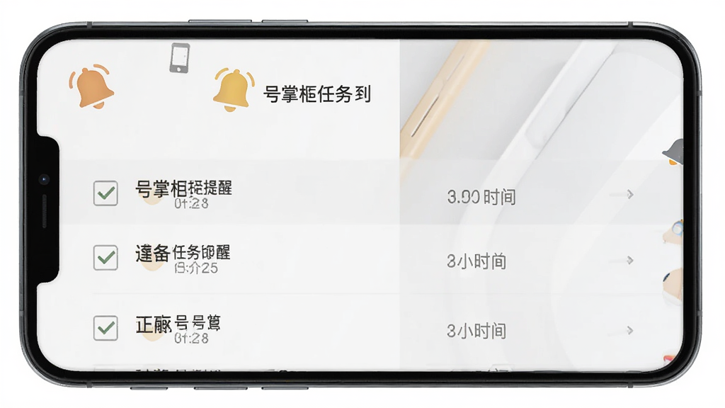 一张展示号掌柜任务提醒功能的手机界面图,画面中手机屏幕显示号掌柜任务列表页面,每条任务前带有勾选框与时间标签,顶部有醒目的提醒铃铛图标,背景为白色与浅灰色搭配,风格清新简约,排版整齐,高清画质,无杂乱元素