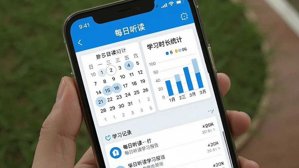一张展示每日听读学习报告页面的手机截图,画面中手机屏幕显示打卡日历和学习时长统计图表,顶部有“每日听读”文字,底部有学习记录列表,整体风格简洁明亮,配色以蓝白为主,画质清晰,无多余元素