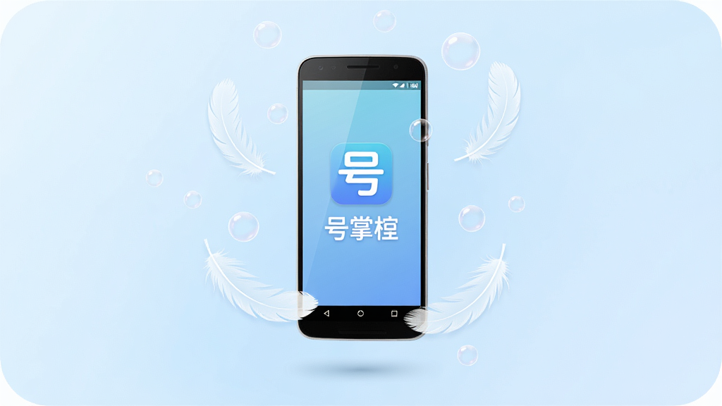 一张展示号掌柜轻量化运行特点的创意插图,画面中一部安卓手机悬浮在画面中央,手机周围环绕着轻盈的羽毛与气泡元素,象征软件体积小、运行轻快,手机屏幕内显示号掌柜图标与名称文字,背景为淡蓝色渐变,风格清新柔和,高清画质,画面干净整洁