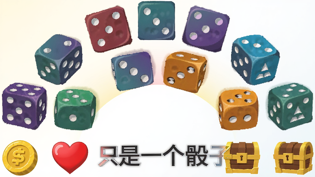 主体是多颗不同颜色和图案的骰子排列成半圆形,布局采用对称构图,骰子下方有道具图标如金币、爱心、宝箱,排版层次分明,风格为卡通扁平化,细节包括每颗骰子图案各异、道具图标有轻微立体感、背景为浅色渐变,画质高清干净无多余元素,图片中可包含