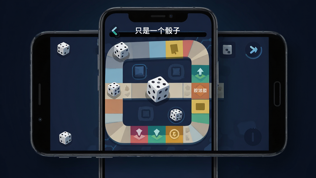 主体是一部安卓手机屏幕显示游戏关卡地图,地图上有骰子图标和事件格子,布局采用正面视角,手机居中,排版突出游戏界面,风格为扁平化科技感插画,细节包括屏幕内地图路径清晰、骰子图标有立体感、事件格子颜色区分明显、背景为深色渐变,画质高清干净无多余元素,图片中可包含
