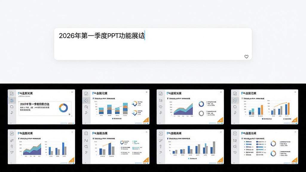 AiPPT一句话生成PPT功能展示,主体为软件输入框和生成结果对比画面,布局采用上下分栏,上方为简洁的输入界面,下方为自动生成的多页PPT缩略图,风格为清新商务风,细节包含输入框内示例文字