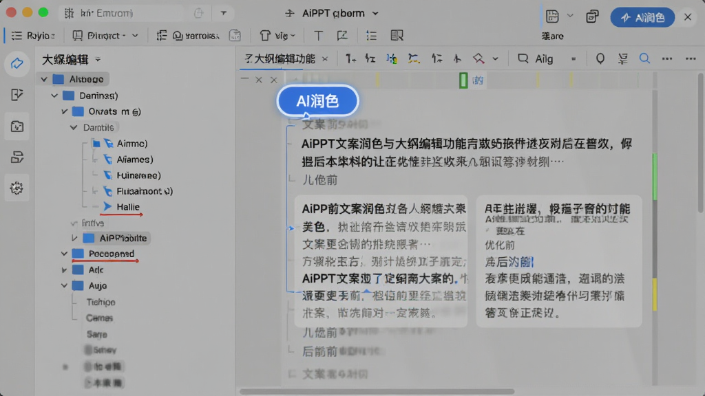 AiPPT文案润色与大纲编辑功能,主体为软件编辑界面,布局采用左侧大纲树状图与右侧文案编辑区并列,风格为清爽的办公软件界面,细节包含高亮的