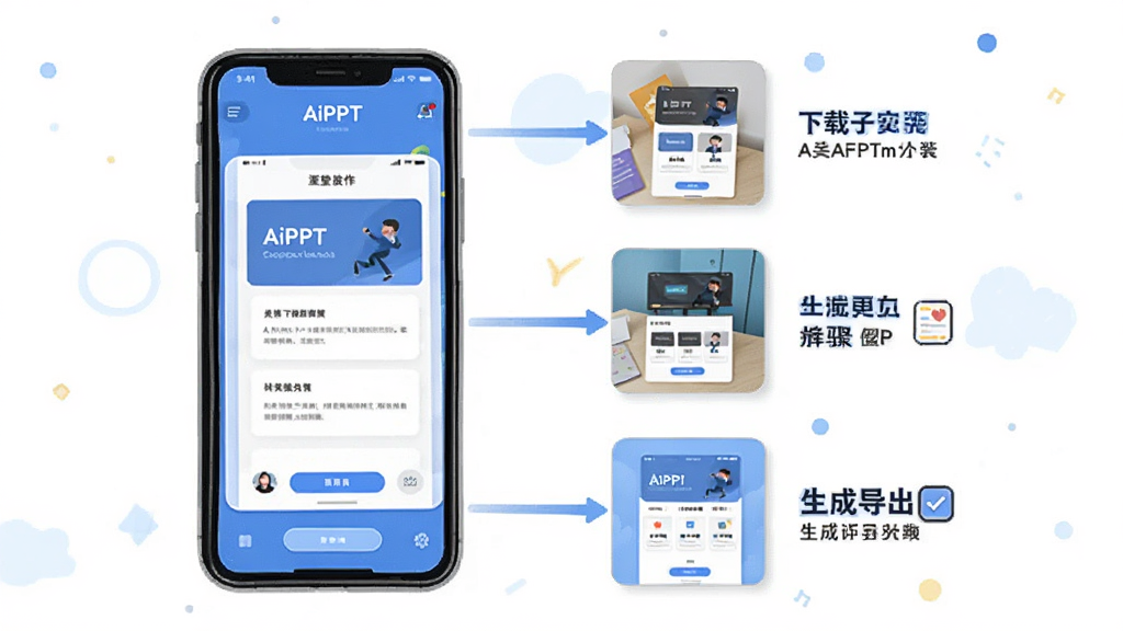 AiPPT新手操作流程图解,主体为手机屏幕展示从下载安装到生成导出的完整步骤,布局采用纵向流程图形式,风格为简洁明快的教程插画风,细节包含每一步的界面缩略图和文字标注,画质高清,画面干净,无多余元素